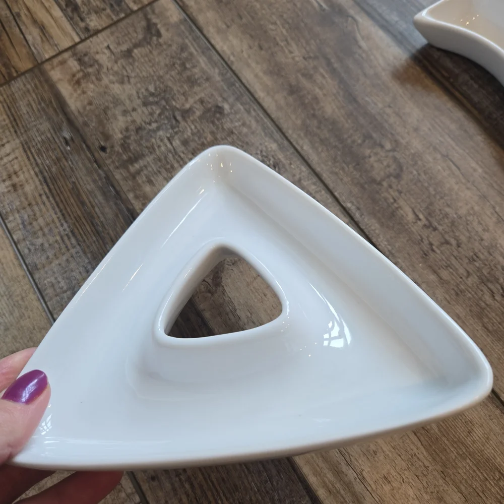 Crate & Barrel Set of 3 White Ceramic Appetizer Dishes: Swirl Wavy Triangle